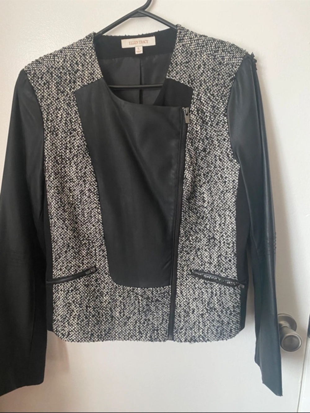 Ellen Tracy Black and White Tweed-Panel Moto Jacket